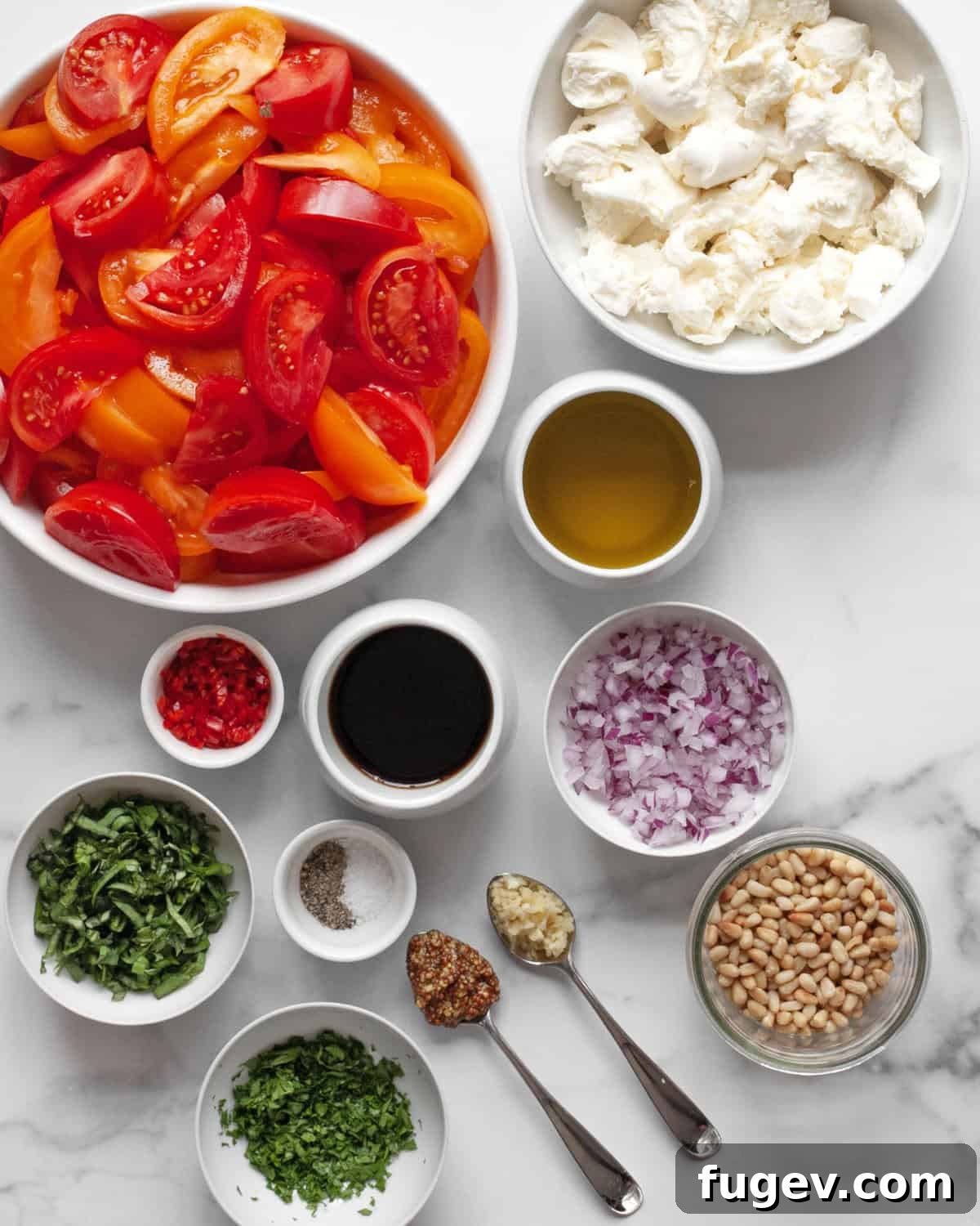 Vibrant Heirloom Tomato and Mozzarella Salad 3 Assortment of fresh ingredients for heirloom tomato salad including colorful tomatoes, fresh mozzarella, pine nuts, basil, parsley, red onions, Fresno chili, balsamic vinegar, and olive oil.