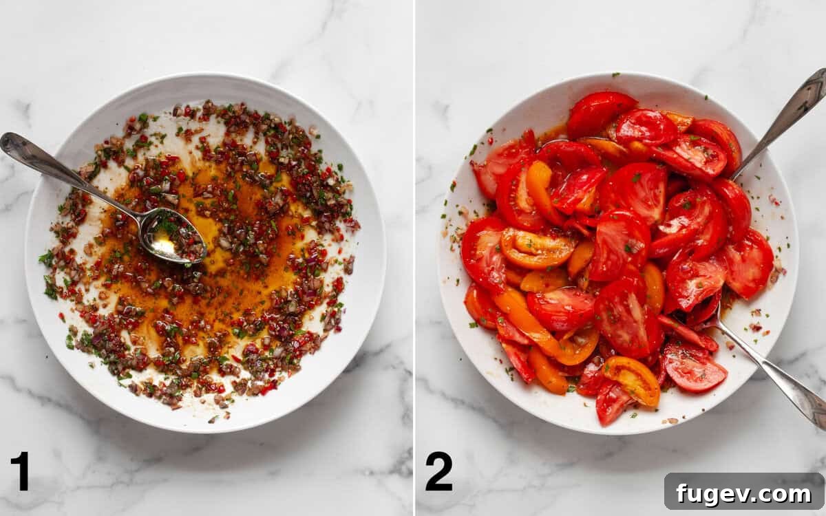 Vibrant Heirloom Tomato and Mozzarella Salad 4 Step-by-step images showing balsamic vinaigrette being mixed in a bowl, followed by heirloom tomatoes stirred into the dressing.
