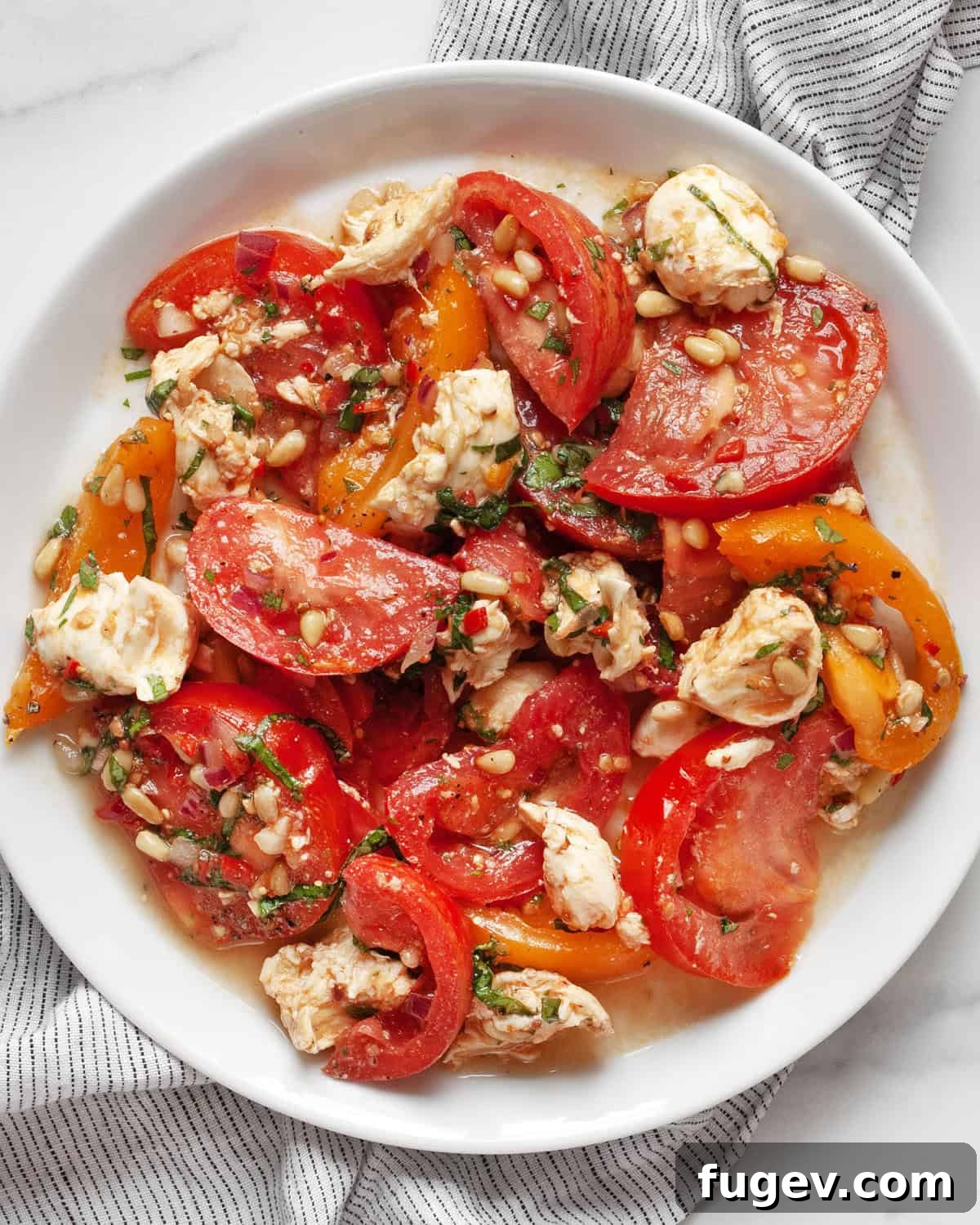 Vibrant Heirloom Tomato and Mozzarella Salad 6 A single serving of heirloom tomato and mozzarella salad beautifully plated, ready to enjoy.