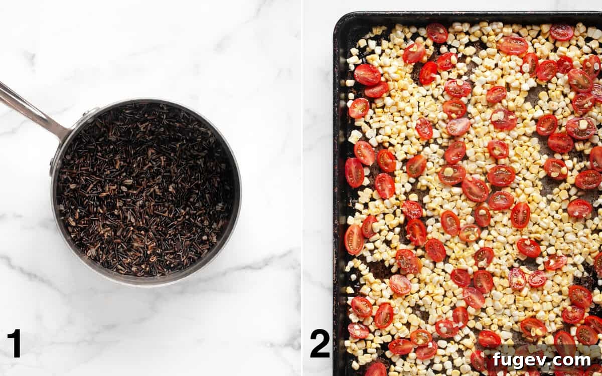 Vibrant Roasted Corn and Tomato Wild Rice Salad 4 Cooked wild rice in a pot and raw corn and tomatoes tossed with oil, salt, and pepper on a sheet pan, ready for roasting.