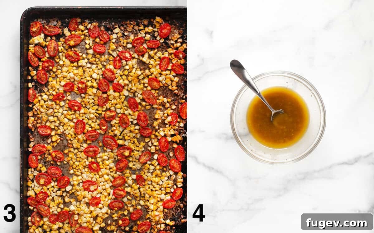 Vibrant Roasted Corn and Tomato Wild Rice Salad 5 Roasted corn and tomatoes perfectly caramelized on a sheet pan, alongside a small bowl of freshly whisked vinaigrette.