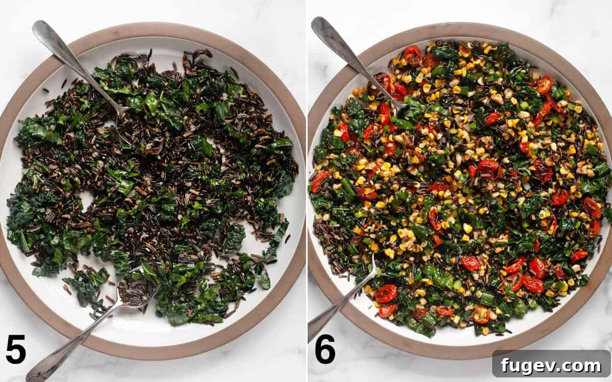 Vibrant Roasted Corn and Tomato Wild Rice Salad 6 Wild rice and kale tossed with dressing in a large bowl, and the final salad incorporating roasted corn and tomatoes, walnuts, and scallions.