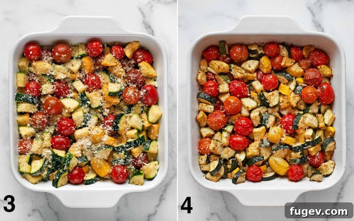 Balsamic Roasted Zucchini and Tomatoes 5 A visual comparison of the Balsamic Zucchini Tomato Casserole: one image shows the raw vegetables in the dish topped with Parmesan before baking, and the other shows the perfectly baked, tender, and slightly golden casserole after cooking.