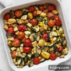 Balsamic zucchini tomato bake in a casserole dish, a perfect and easy side dish.