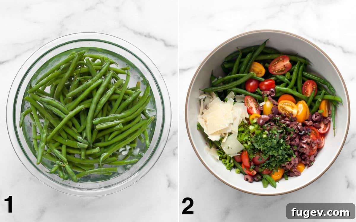 Sun-Kissed Green Bean and Olive Salad 4 On the left, blanched green beans are chilling in a bowl of ice water. On the right, a large bowl contains combined salad ingredients: green beans, tomatoes, olives, scallions, Parmesan, and parsley.