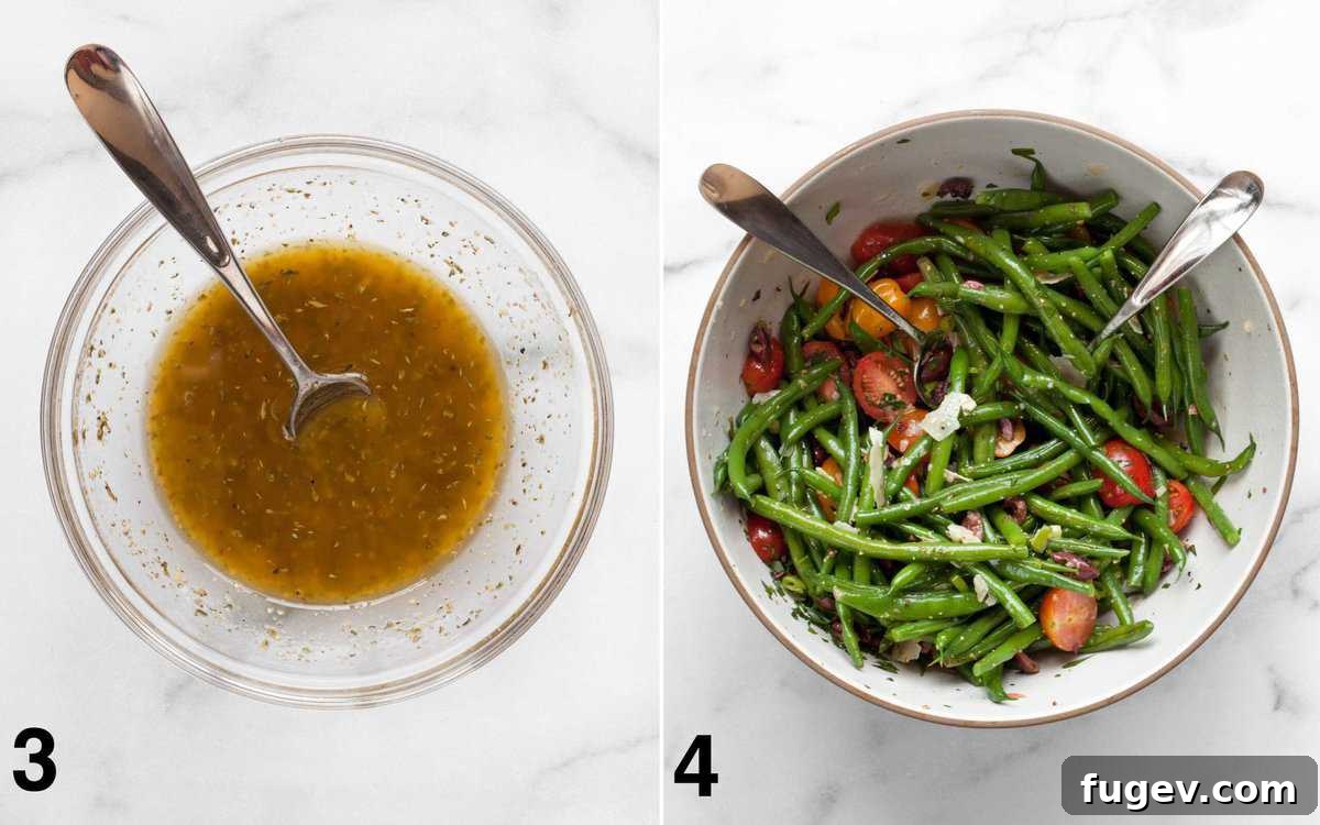 Sun-Kissed Green Bean and Olive Salad 5 On the left, a small bowl holds the freshly prepared Italian vinaigrette. On the right, the vinaigrette is being drizzled over the green bean salad in a large bowl.