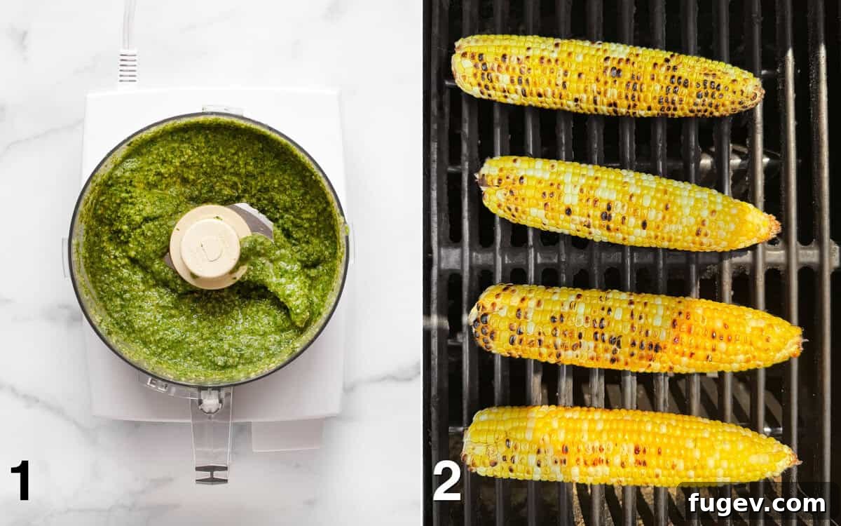 Smoky Grilled Corn with Avocado & Fresh Cilantro Pesto 4 Cilantro pesto being made in a food processor bowl, and four ears of corn cooking on a hot grill.