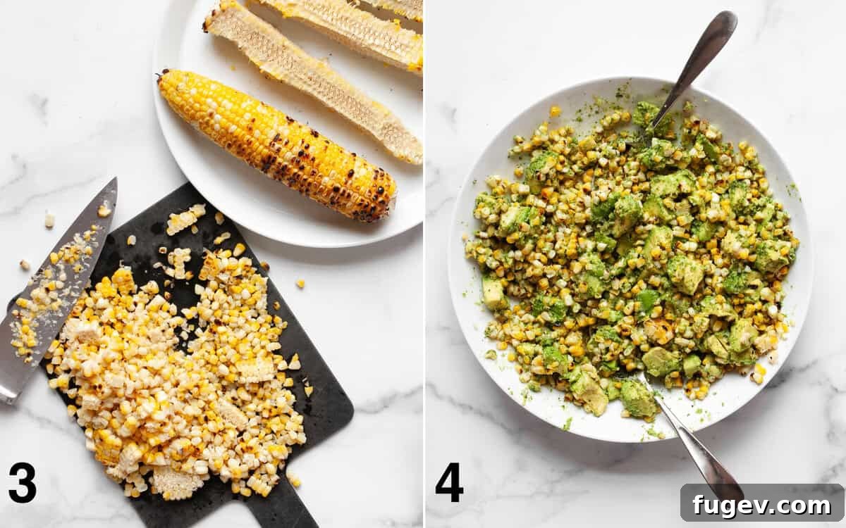 Smoky Grilled Corn with Avocado & Fresh Cilantro Pesto 5 Grilled corn kernels sliced off the cobs in a bowl, and another bowl showing grilled corn and avocados being mixed with cilantro pesto.