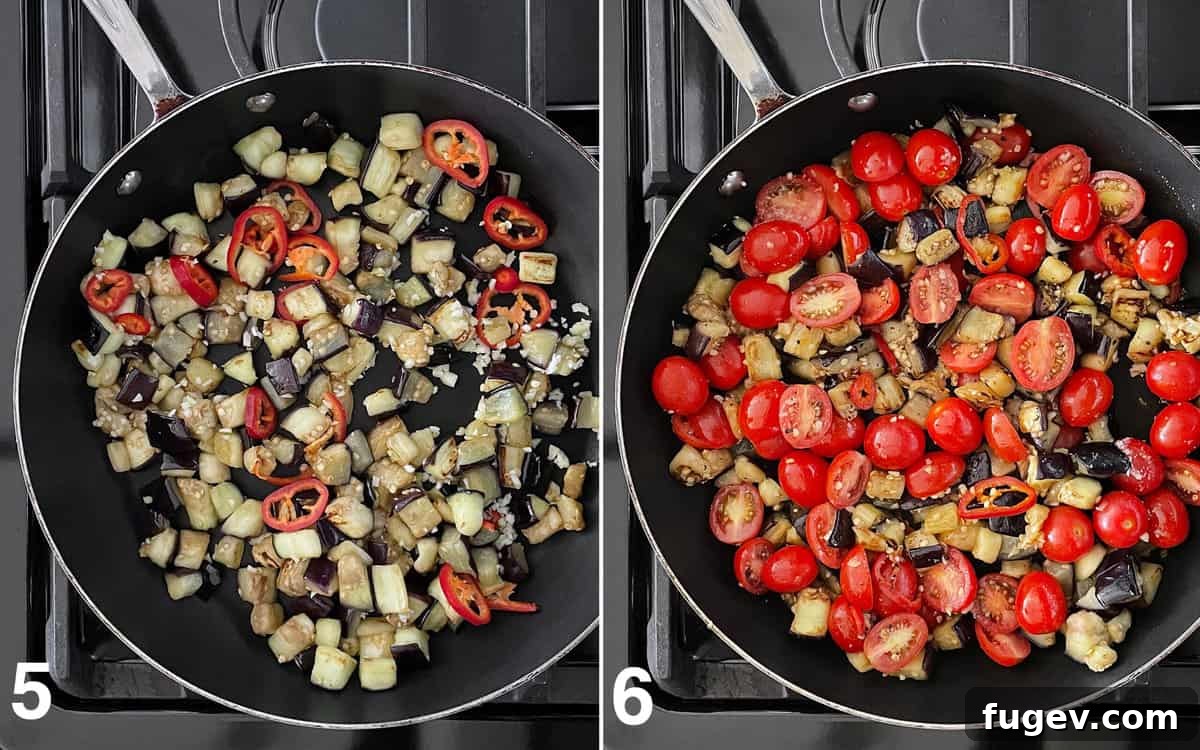 Roasted Eggplant and Burst Cherry Tomato Pasta 6 Minced garlic and sliced chilies are stirred into the sautéed eggplant in a skillet, followed by the addition of fresh cherry tomatoes.