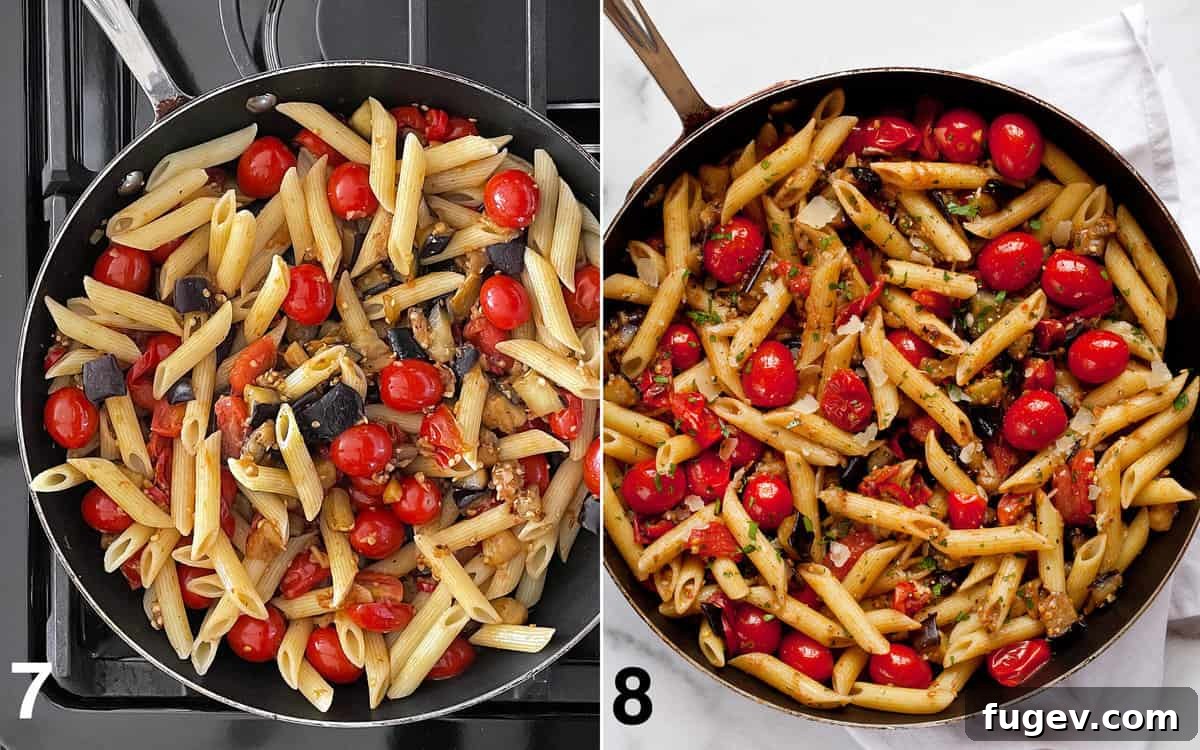 Roasted Eggplant and Burst Cherry Tomato Pasta 7 Cooked penne pasta is gently folded into the sautéed eggplant and tomatoes in a skillet, then the dish is garnished with chopped parsley and shaved Parmesan.
