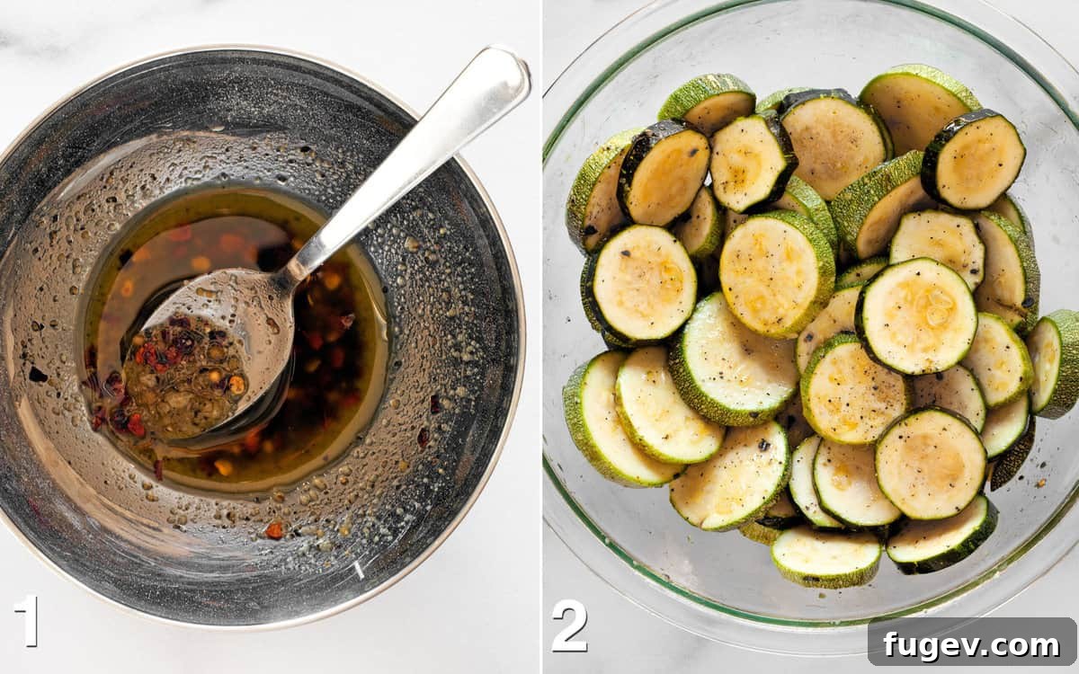 Golden Parmesan Zucchini 4 Step-by-step images showing spices mixed with olive oil in a small bowl, and zucchini slices being tossed in the spiced oil in a larger bowl.