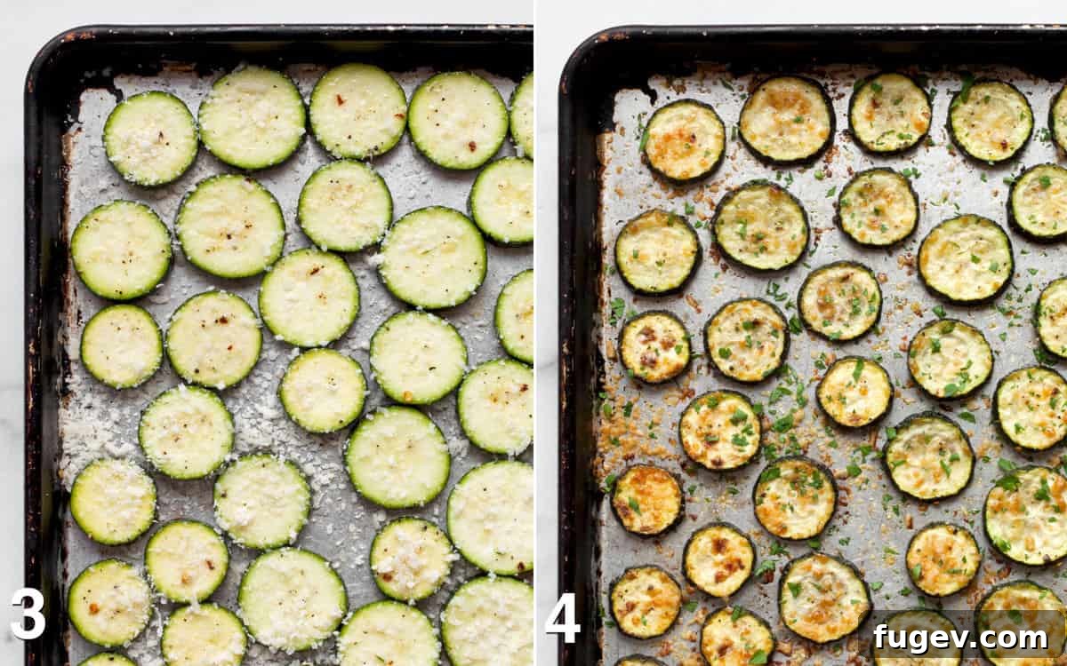 Golden Parmesan Zucchini 5 Two images side-by-side: zucchini slices with Parmesan on a sheet pan before roasting, and the same zucchini after being roasted to a golden brown perfection.
