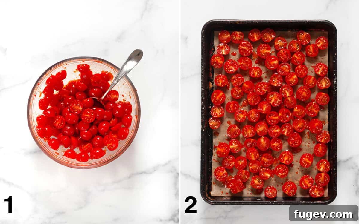 Spicy Harissa Roasted Tomato Couscous 4 Side-by-side images showing tomatoes mixed with harissa in a bowl, and then arranged on a parchment-lined baking sheet before roasting.