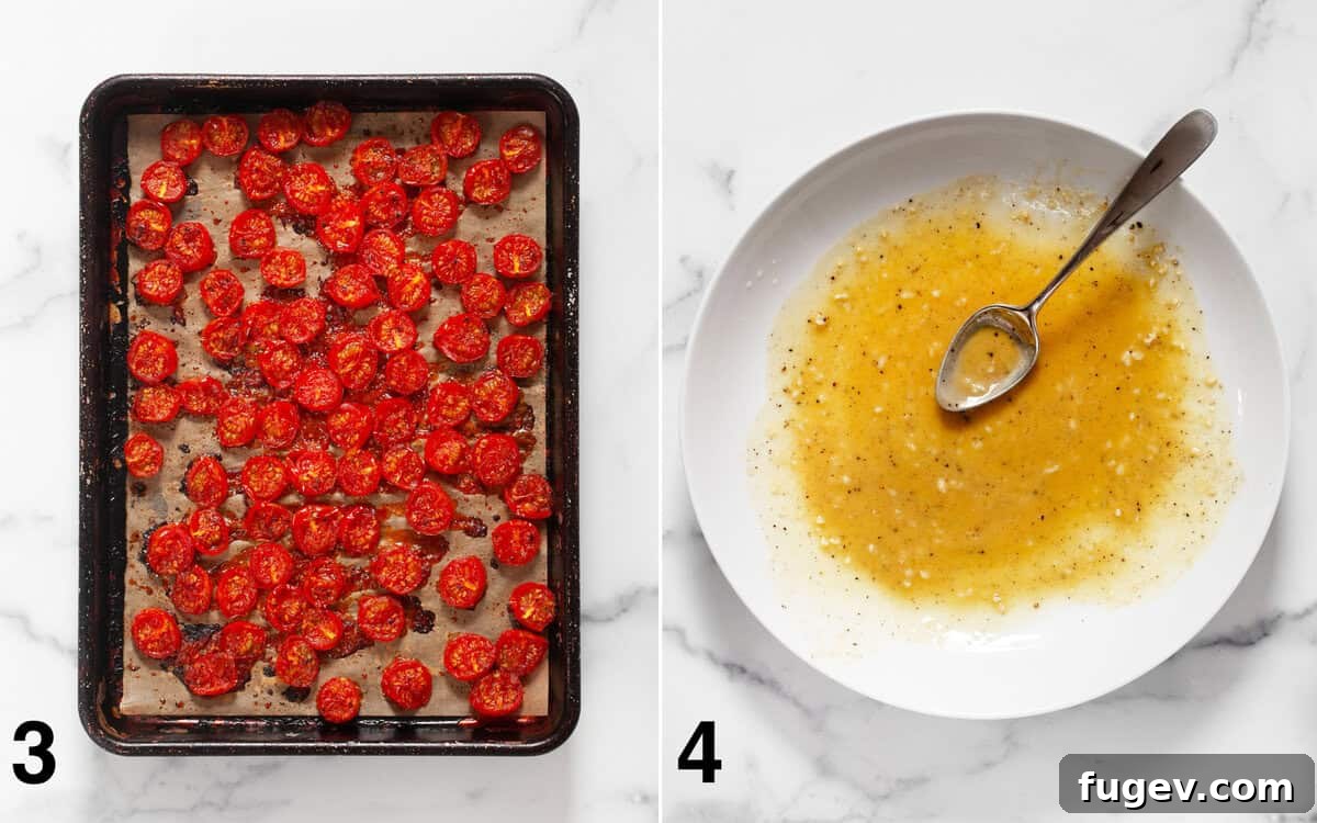Spicy Harissa Roasted Tomato Couscous 5 Two images: one showing perfectly roasted tomatoes on a sheet pan, and another showing the lemon tahini dressing being whisked in a bowl.