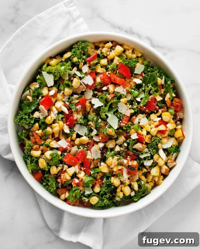 Grill-Kissed Corn and Pepper Kale Crunch 2 Grilled Corn Pepper Kale Chopped Salad with lemon hummus vinaigrette