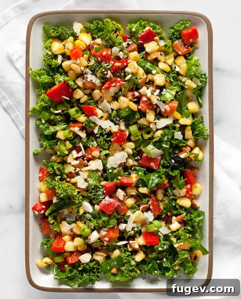 Grill-Kissed Corn and Pepper Kale Crunch 5 Chopped Salad with Corn and Peppers in a large serving bowl