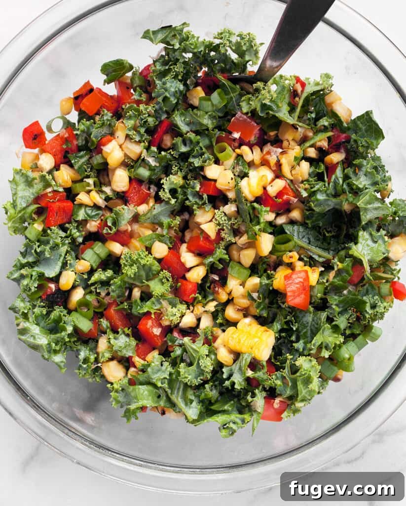 Grill-Kissed Corn and Pepper Kale Crunch 8 Tossing together kale, grilled corn, and peppers in a large bowl
