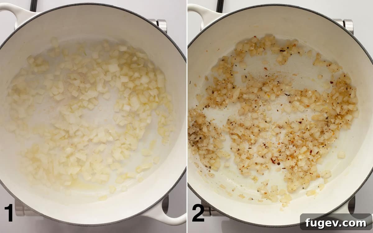 Rustic Rosemary White Bean Tomato Soup 4 Left image shows onions sautéing in olive oil in a large pot. Right image shows minced garlic and dried spices being stirred into the softened onions.