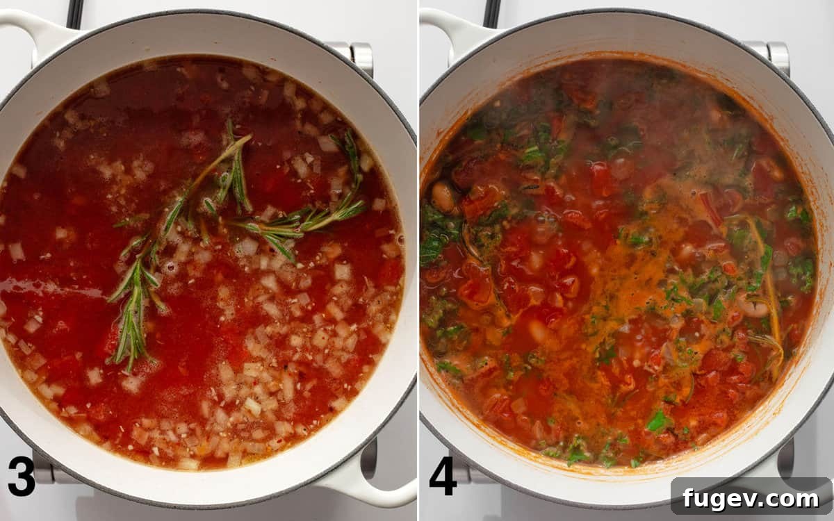 Rustic Rosemary White Bean Tomato Soup 5 Left image shows fresh rosemary sprigs simmering in a pot of white bean tomato soup. Right image shows chopped kale being stirred into the finished soup.
