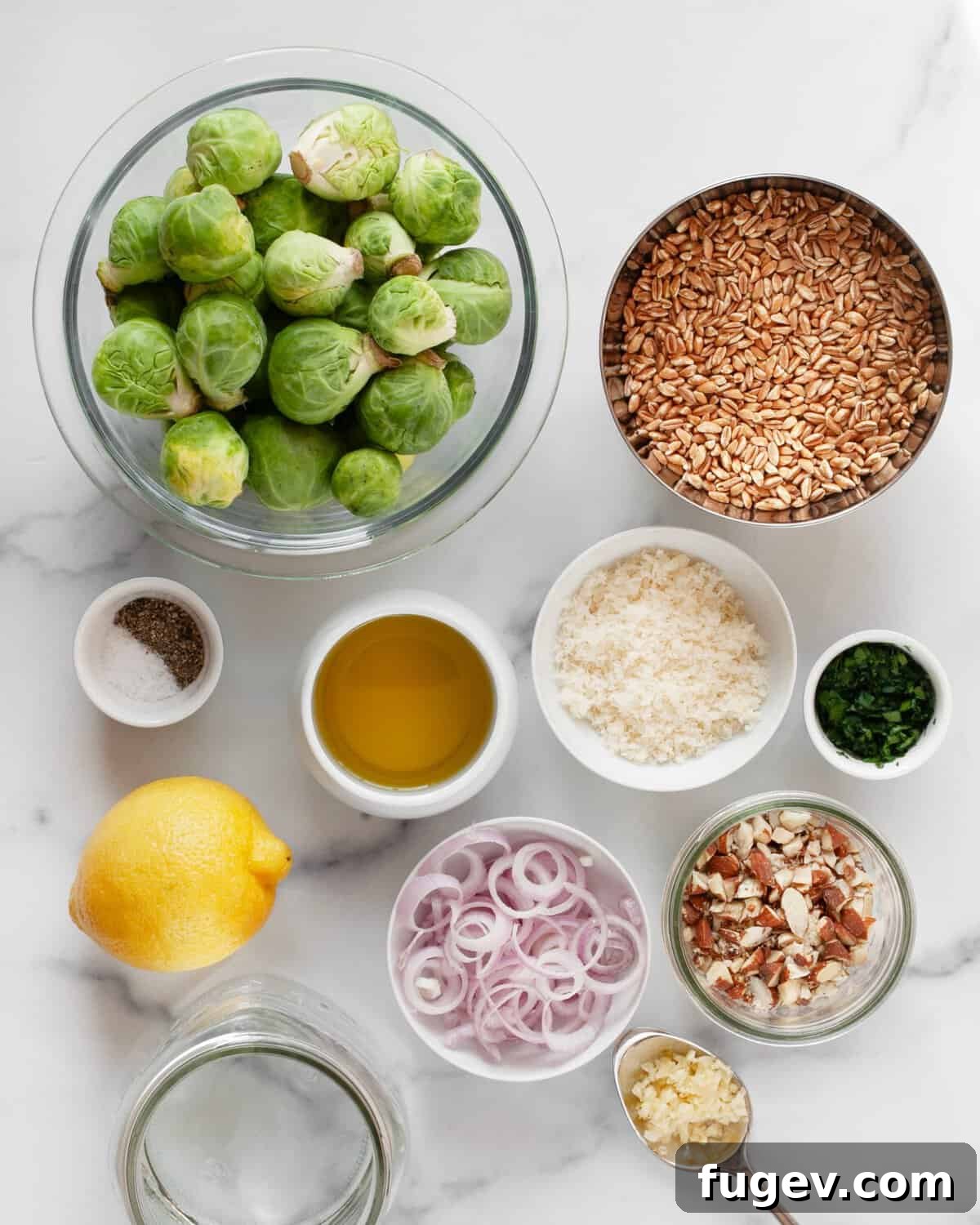 Savory Brussels Farro Bowl 3 Ingredients including brussels sprouts, farro, lemon, garlic, olive oil, parmesan, parsley, almonds, shallots and seasonings laid out on a table.