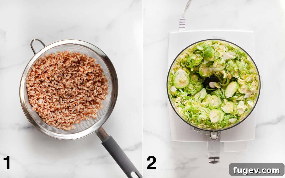 Savory Brussels Farro Bowl 4 Cooked farro in a mesh strainer alongside shredded brussels sprouts in a food processor, illustrating prep steps.