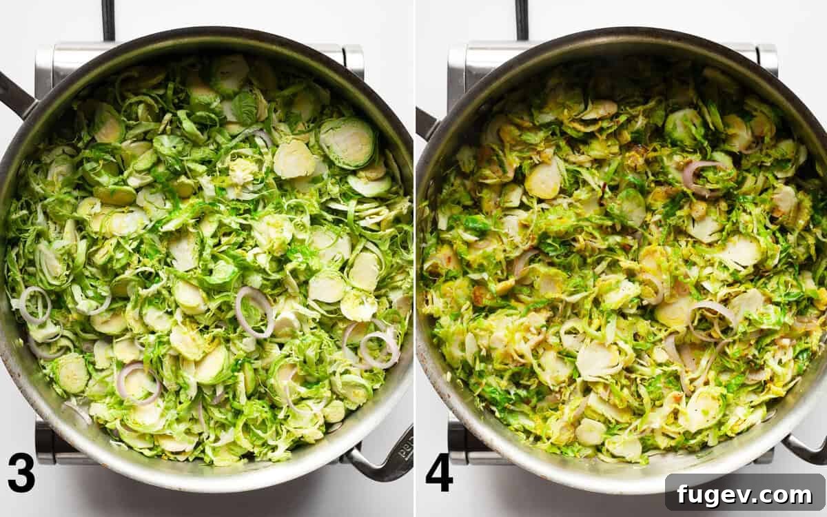 Savory Brussels Farro Bowl 5 Sauteed brussels sprouts in a skillet, with shallots, garlic, and seasonings being stirred in, showing the cooking process.
