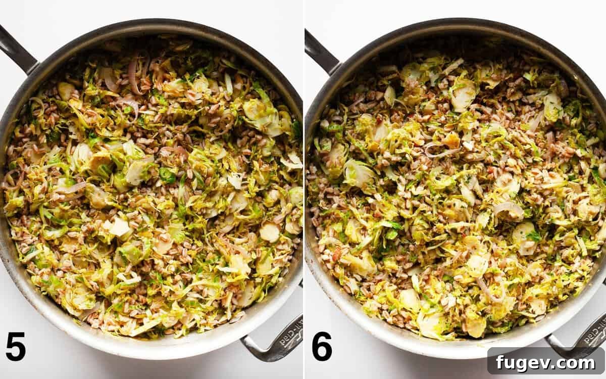 Savory Brussels Farro Bowl 6 Farro stirred into sautéed sprouts in a pan, followed by parmesan, almonds, and parsley being folded in, demonstrating the final steps.