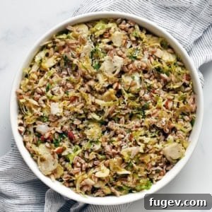Lemon brussels sprout farro in a bowl, ready to be served.