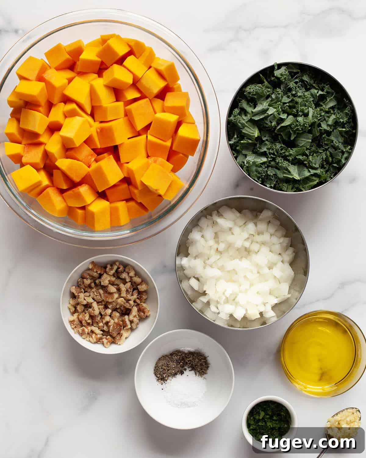 Roasted Autumn Squash Medley 3 Ingredients for sautéed butternut squash including fresh butternut squash, kale, onions, walnuts, olive oil, dried thyme, salt, pepper, and fresh parsley.
