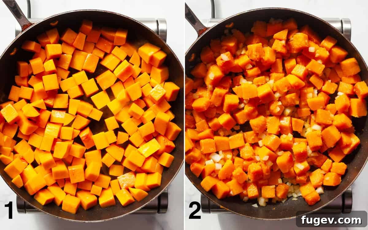 Roasted Autumn Squash Medley 4 Butternut squash cubes sautéing in a skillet, with softened onions mixed in, creating an aromatic base.