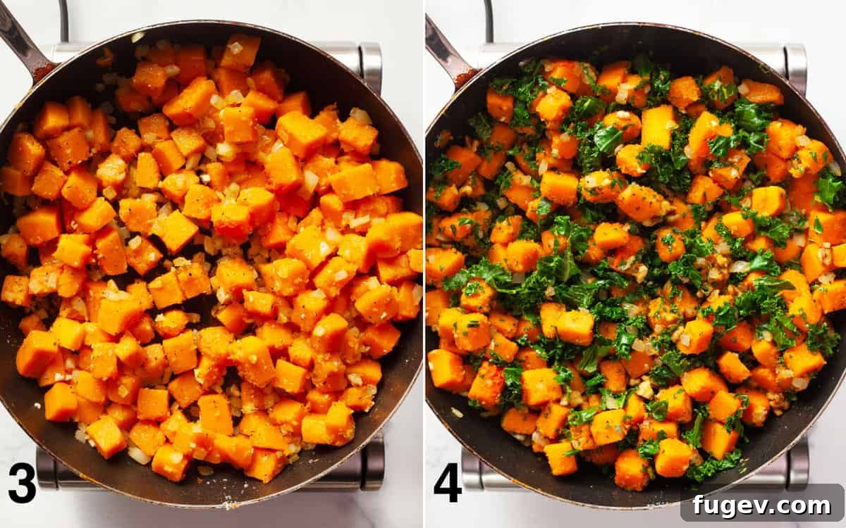 Roasted Autumn Squash Medley 5 Sautéed butternut squash and onions infused with garlic and spices, with fresh kale and toasted walnuts added, ready to be combined.