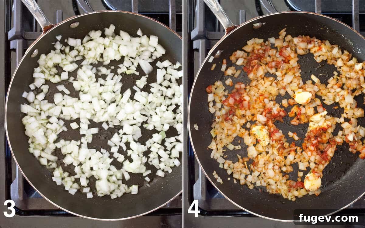Velvety Vegan Tomato Spinach Pasta 6 Two images side by side: onions sautéing in a skillet, and tomato paste with aromatics being stirred into onions