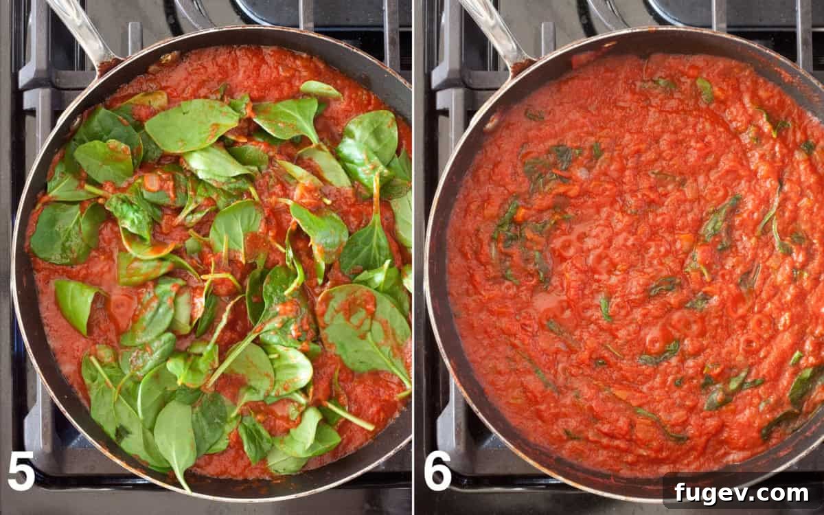 Velvety Vegan Tomato Spinach Pasta 7 Two images side by side: canned tomatoes and spinach being poured into a skillet, and cooked tomato sauce simmering in a skillet
