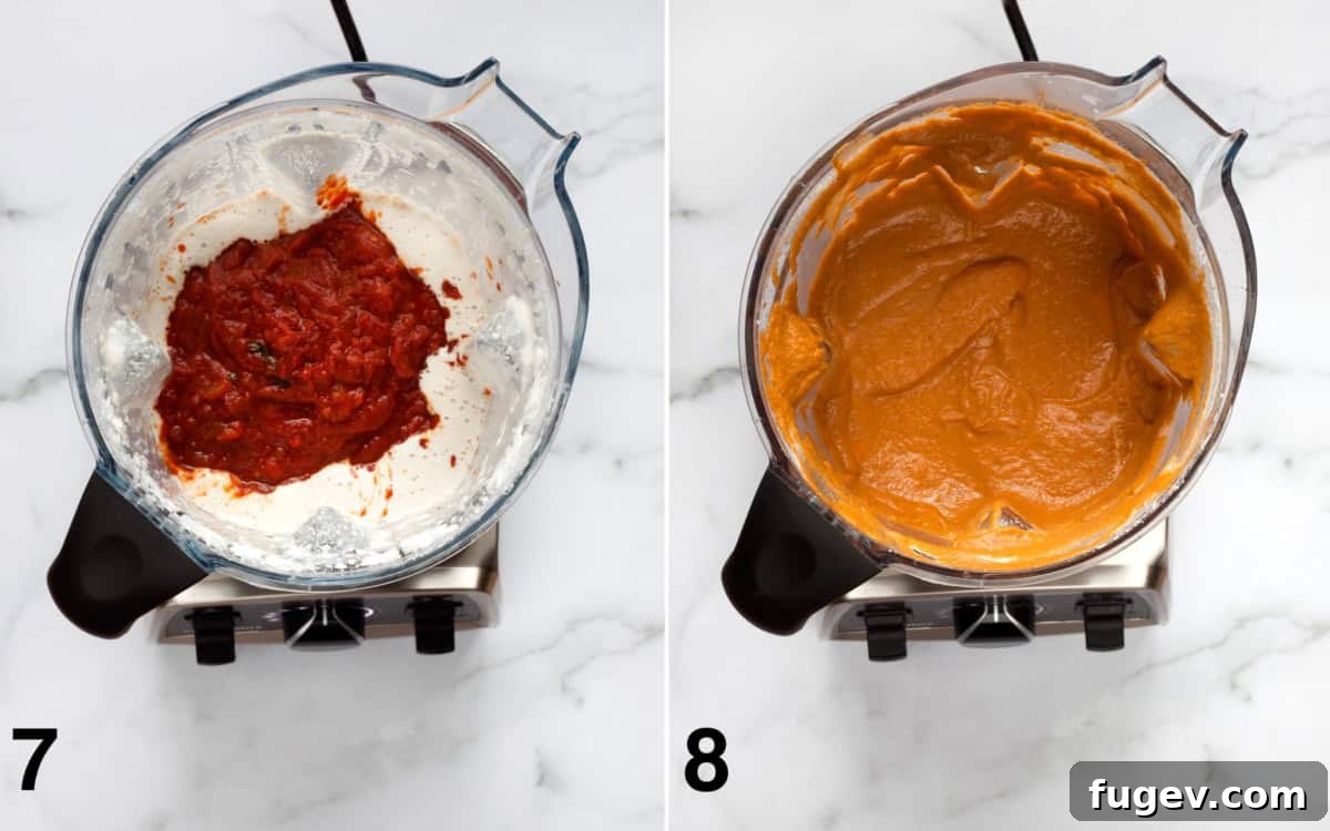 Velvety Vegan Tomato Spinach Pasta 8 Two images side by side: tomato sauce and cashew cream in a blender before blending, and fully pureed creamy sauce in a blender