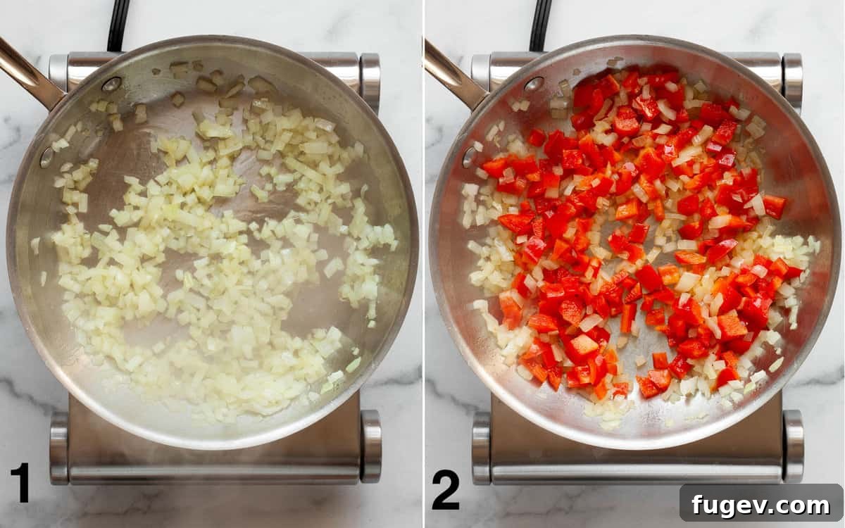 Plant-Based Slow Cooker Tortilla Soup 4 Sautéing chopped onions in a skillet, followed by adding diced red bell peppers and continuing to sauté until softened and fragrant.