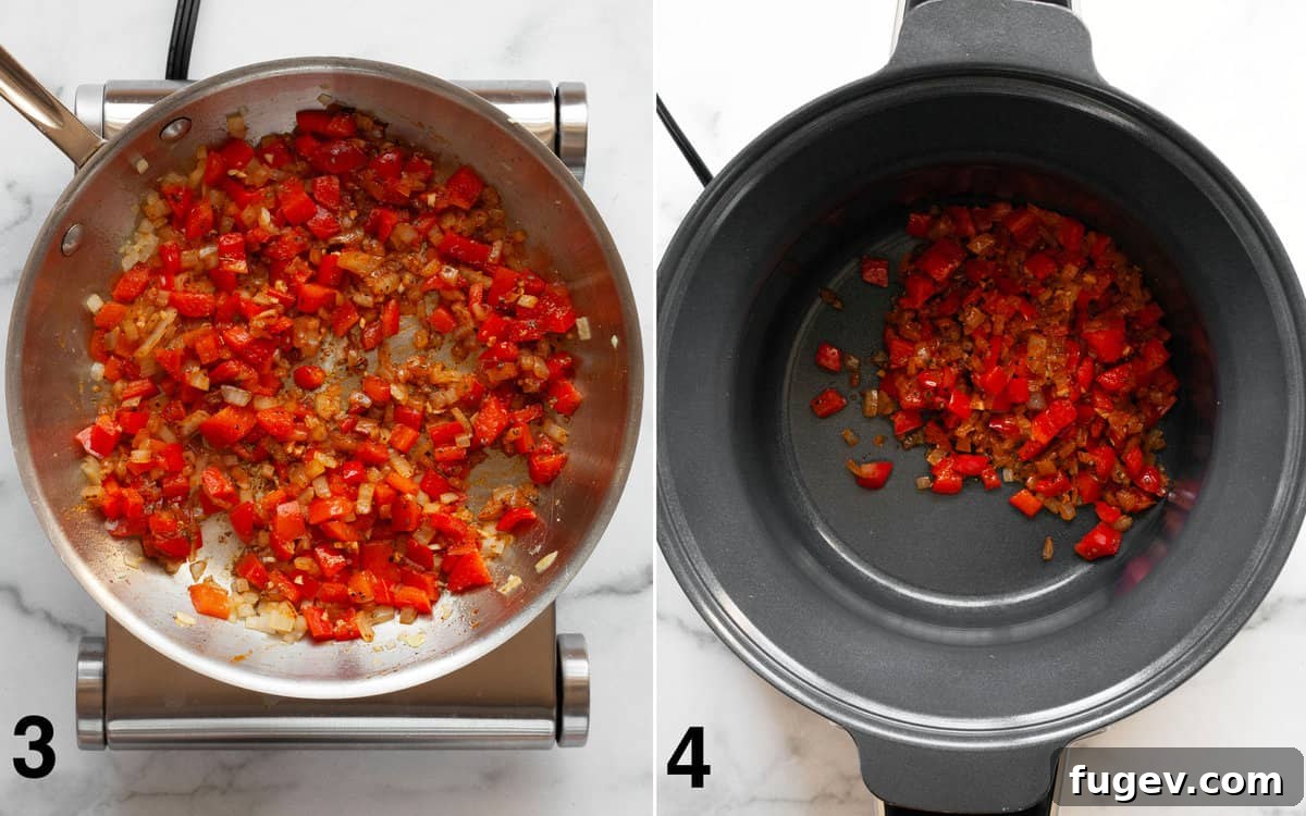 Plant-Based Slow Cooker Tortilla Soup 5 The aromatic mixture of onions, red peppers, garlic, adobo sauce, and spices being stirred in a skillet before being transferred to a slow cooker.