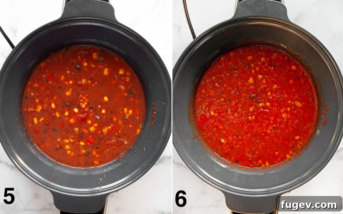 Plant-Based Slow Cooker Tortilla Soup 6 All the main ingredients, including black beans, corn, red lentils, crushed tomatoes, and vegetable broth, combined in a crockpot, ready to be slow cooked until the soup is thick and flavorful.