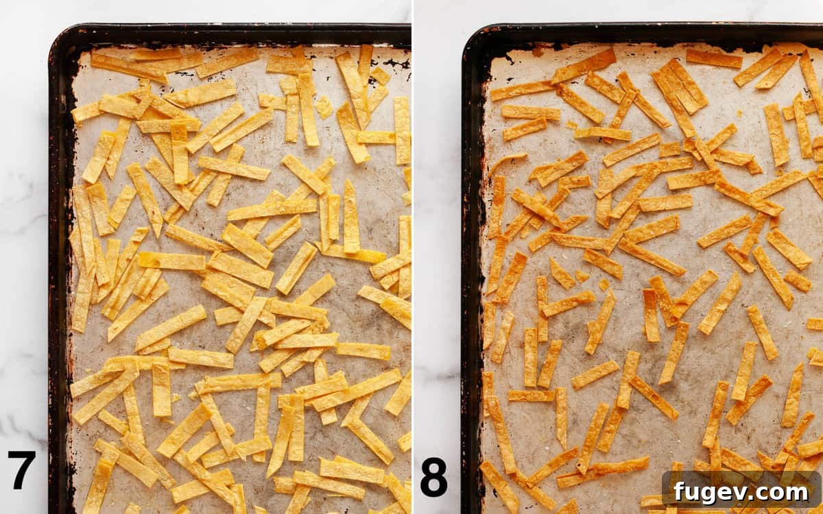 Plant-Based Slow Cooker Tortilla Soup 7 Corn tortilla strips arranged on a sheet pan before baking, and then after baking, golden and crispy.