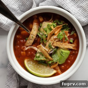 A beautiful close-up of a bowl of slow cooker tortilla soup, richly garnished with avocado slices, crispy tortilla strips, shredded cheese, radish, and fresh cilantro, enticing and ready to be served.