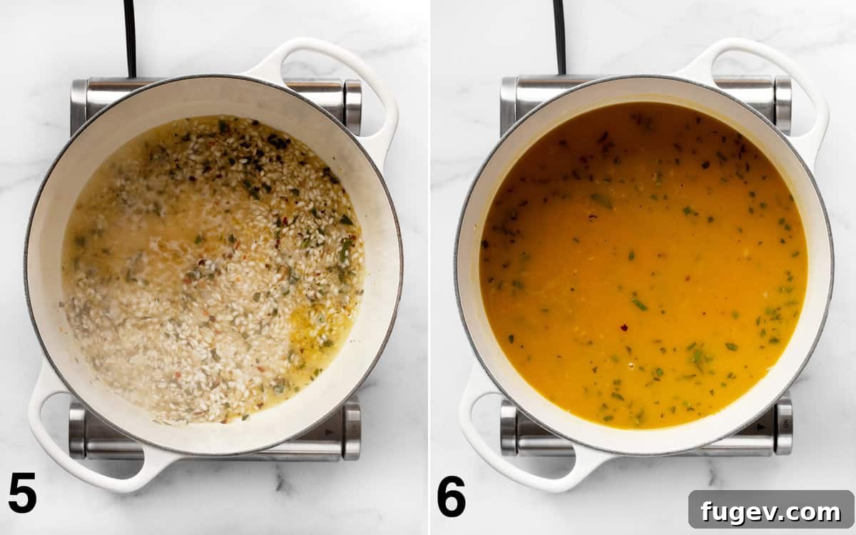 Velvet Pumpkin Risotto 7 Dry white wine being poured into toasted Arborio rice to deglaze the pan. Separately, pumpkin puree and vegetable broth are added and stirred into the pot before baking.