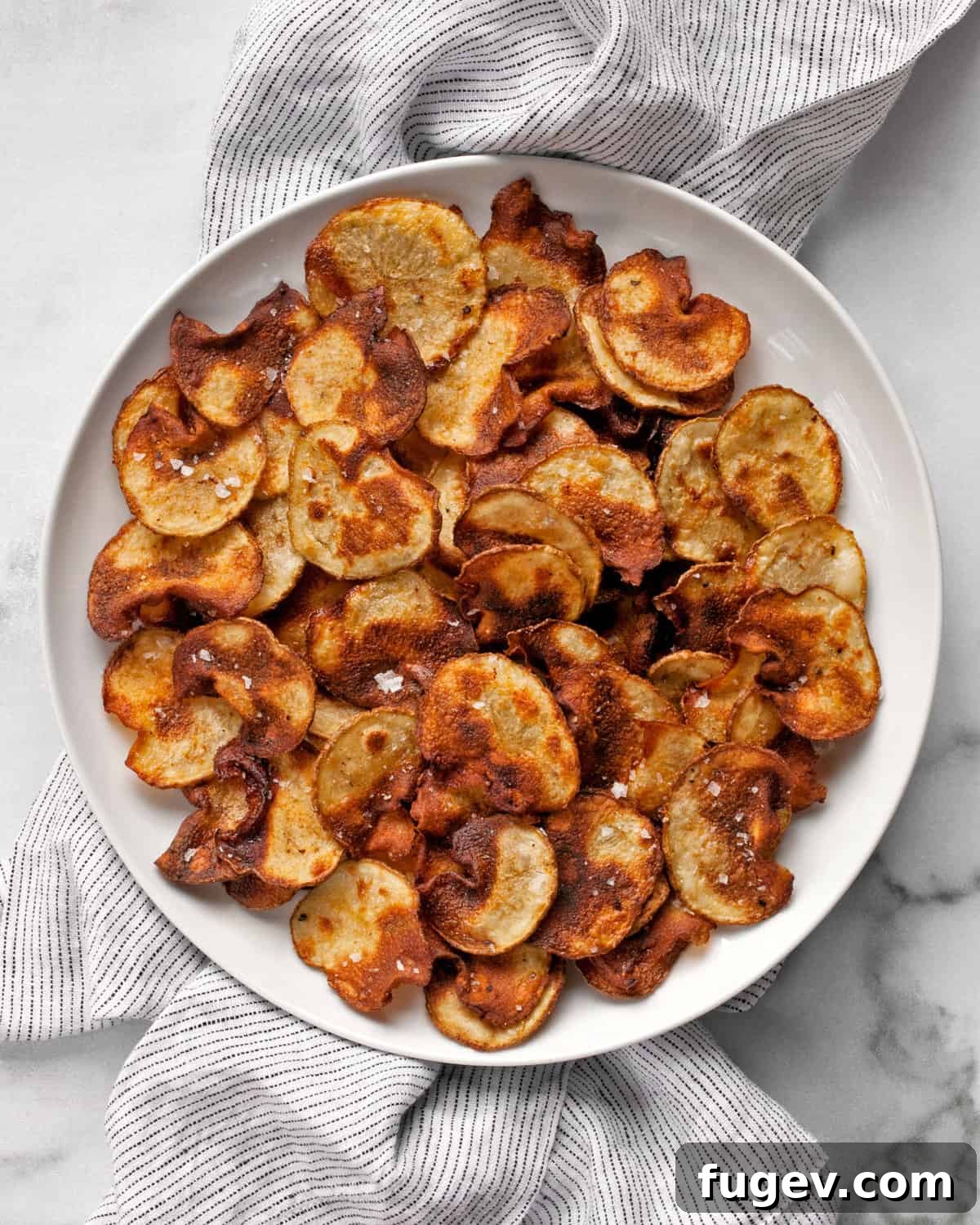 Guilt-Free Potato Crisps 2 A beautifully arranged plate of golden brown, homemade baked potato chips, highlighting their perfect crispness and delicious seasoning.