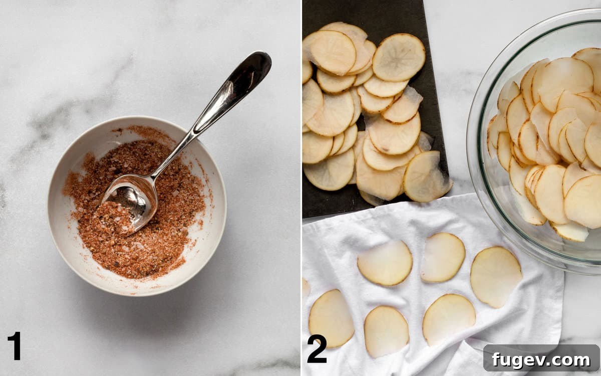 Guilt-Free Potato Crisps 4 Visual steps: a bowl containing a mixed spice blend, followed by thinly sliced potatoes in a bowl, showing the preparation stages.