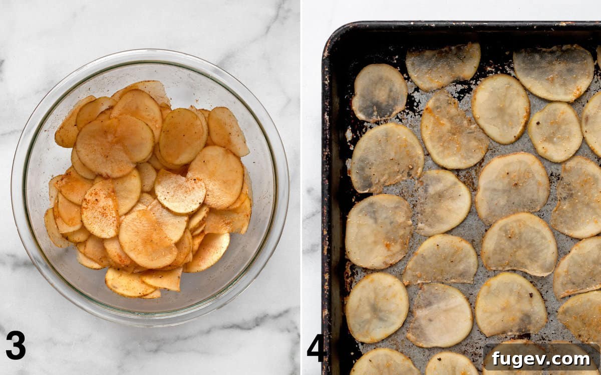 Guilt-Free Potato Crisps 5 Two images: one showing thinly sliced potatoes being mixed with olive oil and spices in a bowl, and another showing seasoned potato slices arranged in a single layer on a baking sheet, ready for the oven.