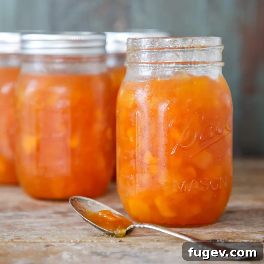 Effortless Pectin-Free Peach Preserves Recipe 2 Beautifully jarred homemade peach preserves without pectin, ready to be enjoyed.