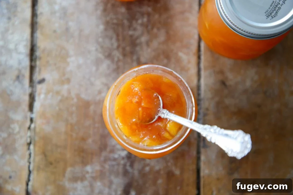 Effortless Pectin-Free Peach Preserves Recipe 3 Close-up of golden peach preserves with visible fruit pieces, highlighting the texture difference from jam.