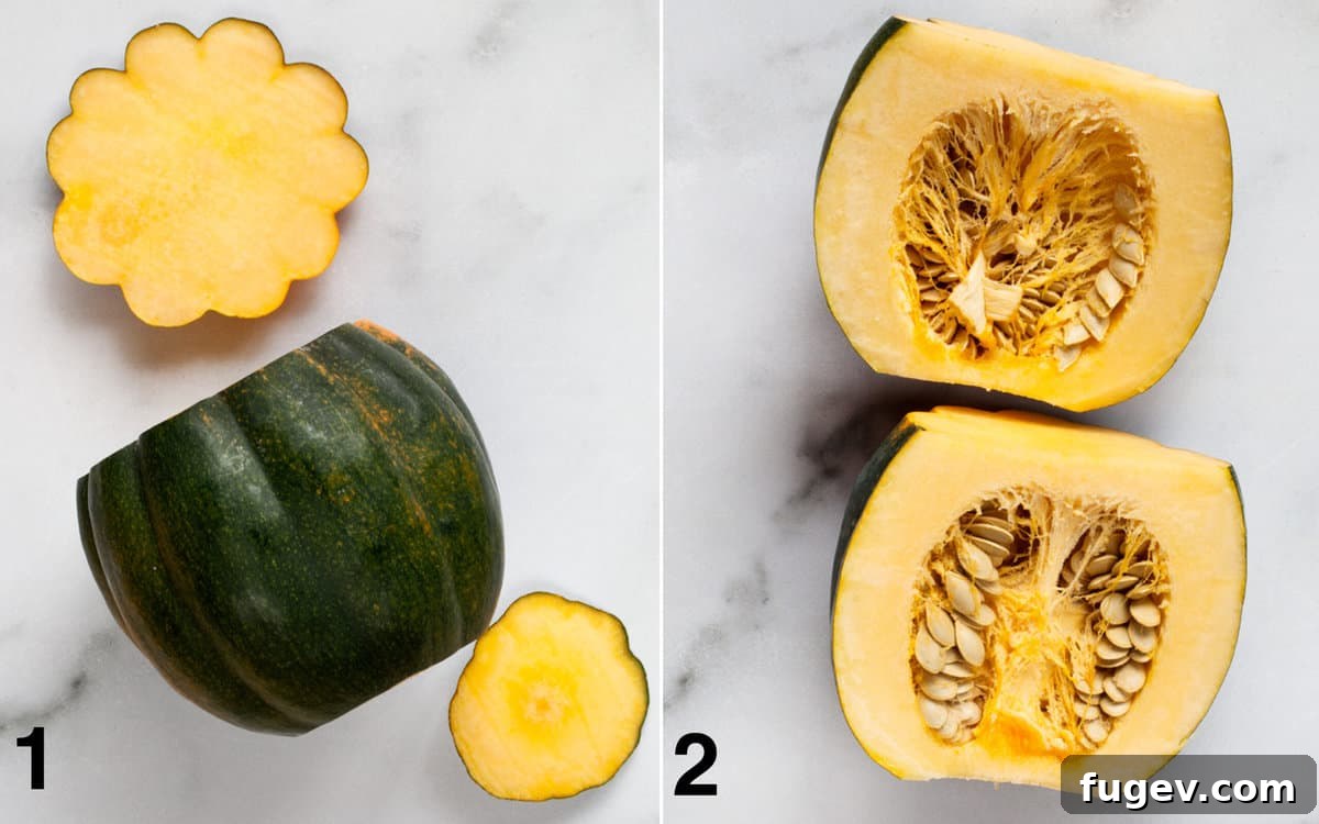 Golden Parmesan Roasted Acorn Squash 4 Cut the top and bottom off an acorn squash. Then slice in half lengthwise.