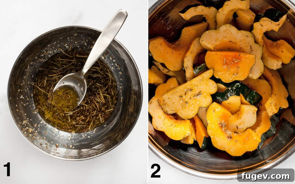 Golden Parmesan Roasted Acorn Squash 6 Stir together the spices and olive oil in a small bowl. Toss the squash with the seasoned oil in a large bowl.