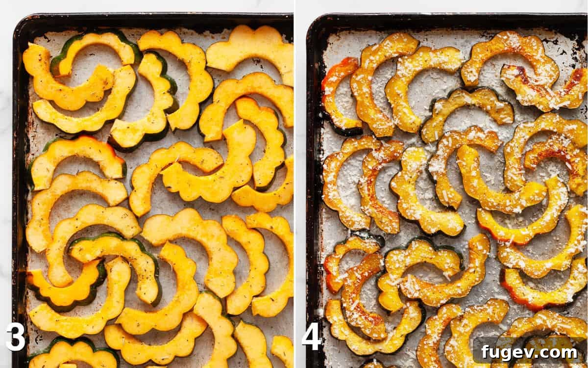Golden Parmesan Roasted Acorn Squash 7 Sliced squash on a sheet pan before and after it is roasted.
