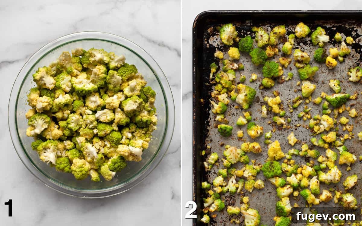 Vibrant Roasted Romanesco Arugula Pasta 4 Romanesco florets in a bowl tossed with olive oil and spices, next to roasted romanesco spread on a sheet pan.