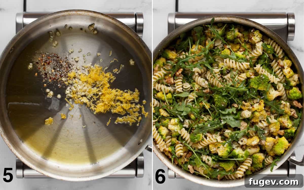 Vibrant Roasted Romanesco Arugula Pasta 6 Minced garlic, lemon zest, red pepper flakes, salt, and pepper sautéing in olive oil, alongside a large pan filled with roasted vegetables, pasta, arugula, walnuts, and cheese, ready to be tossed.
